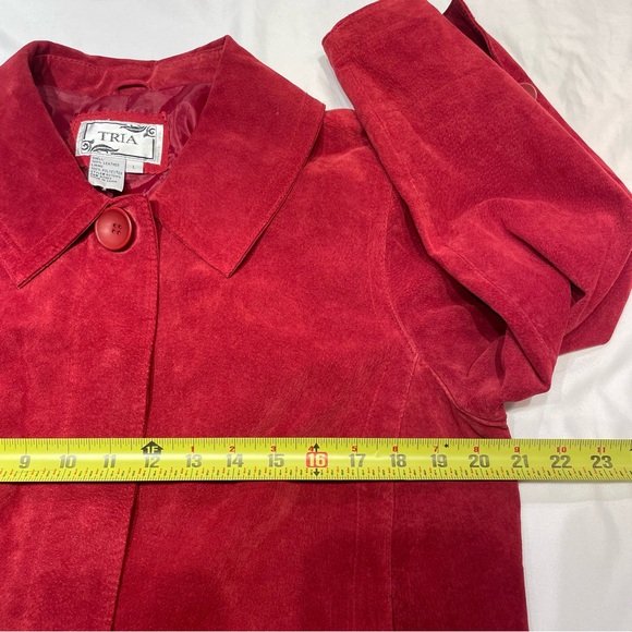 TRIA Red Leather Cropped Jacket Women’s Large Biker Moto Suede Coat Winter - Picture 13 of 16